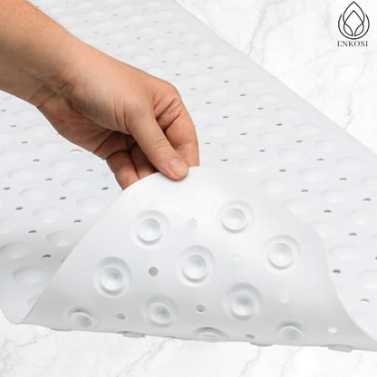 ENKOSI Non-Slip Bath & Shower Mat 40x16 Extra Long, Suction & Drain Holes | White color; Durable PVC; 40x16 in, White - color: White