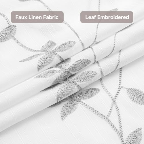 Embroidered Leaf Farmhouse Shower Curtain,Faux Linen,72Wx72L,White Grey | Boho Modern Shower Curtain Set, Washable & Waterproof Fabric, Floral Shower Curtains for Bathroom with Hooks - color: White Grey