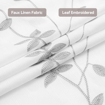Embroidered Leaf Farmhouse Shower Curtain,Faux Linen,72Wx72L,White Grey | Boho Modern Shower Curtain Set, Washable & Waterproof Fabric, Floral Shower Curtains for Bathroom with Hooks - color: White Grey