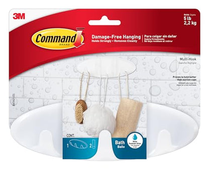 Command Bath Multi-Hook, Holds up to 5 lb, 1 Shower Hook with 2 Water-Resistant Strip, Damage-Free Bathroom Organization for Robes, Towels, Loofahs, or Bathroom Accessories