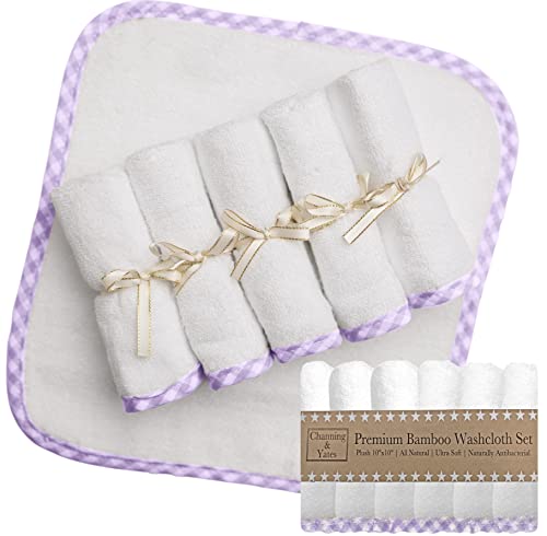 Channing & Yates Premium Boutique Baby Washcloths - (6-Pack) Organic Viscose Made from Bamboo Wash Cloths 2X Thick & Soft - Helps Eczema - Adult Face Washcloths - (Purple on White) - color: Purple