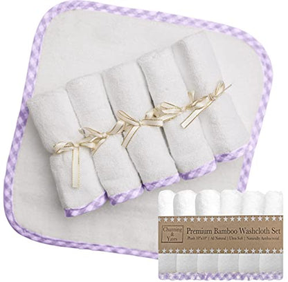 Channing & Yates Premium Boutique Baby Washcloths - (6-Pack) Organic Viscose Made from Bamboo Wash Cloths 2X Thick & Soft - Helps Eczema - Adult Face Washcloths - (Purple on White) - color: Purple