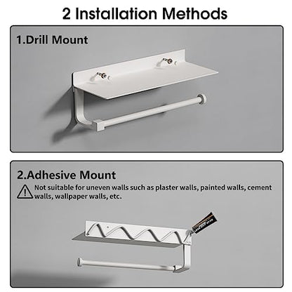 White Paper Towel Holder with Shelf Wall Mount, Adhesive Hand Towel Holder for Bathroom, Kitchen Towel Holder - color: White