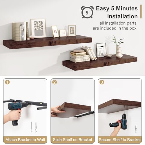 Heimlove 12" Deep Rustic Brown Floating Shelves,Over Toilet Long Wall Mounted Modern Farmhouse 36 inches,Wall Shelves with Invisible Brackets for Bedroom, Bathroom, Living Room, Kitchen, Set of 1 - color: Rustic Brown, size: 35.4"W x 11.6"D x 2"H, 1 Pack