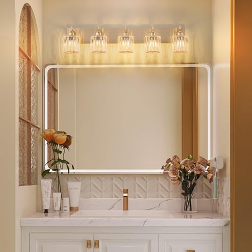 Modern Crystal Bathroom Vanity Lights, Gold 5-Lights Bathroom Light Fixtures Over Mirror, Crystal Wall Lighting with Polished Brass Finish - color: Gold-Round Shade, size: 5-Light