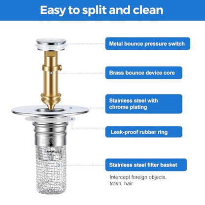 Bathroom Sink Drain Strainer, Pop-up Sink Stopper Hair Catcher with Removable 304 Stainless Steel Strainer Basket Hair Catcher, Bathroom Sink Strainer for Bathroom Sink Stopper Replacement, 2 PCS