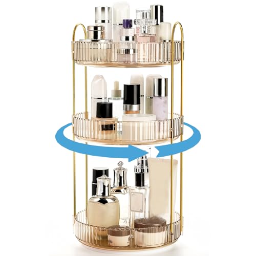 Cididu 360 Rotating Makeup Organizer, 3 Tiers Plastic Bathroom Spinning Holder Rack, Round Lazy Susan Organizer, Large Capacity Countertop Shelf for Cosmetics, Perfume, Skincare, Spice, Toiletries