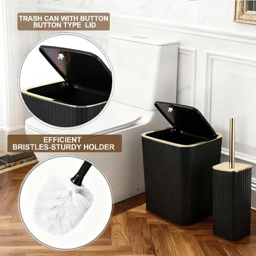 Bathroom Accessory Set with Shower Curtain and Rugs 23Pcs, Black Bathroom Set - Trash Can, Soap Dispenser, Soap Dish, Toilet Brush, Toothbrush Holder, Toothbrush Cup, Tissue Box, Q-tip Holders - size: Bath Set+Shower Curtain+Bath Rugs+Tissue Box