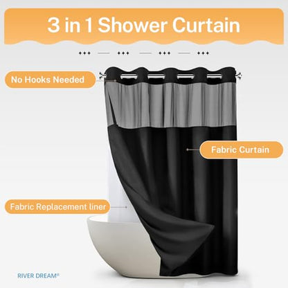 RiverDream Heavyweight Waffle No Hook Shower Curtain with Liner,Black,71x80 | Dotted Waffle,Snap-in Liner,Heavy Duty,Quick Dry,Mesh Top Window,With Bottom Magnets,Hotel-Grade,Washable,Long Size - color: Black, size: 71"W x 80"L (Pack of 1)