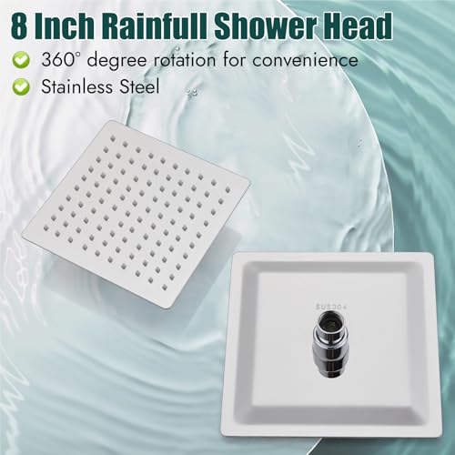 Heyalan 8 Inch Square Rain Shower Faucet Set with Valve, Polished Chrome | Female-thread 1/2-inch NPT connections, SUS304 shower head, brass rough-in valve, single-handle control Shower Set - color: Chrome, size: 8 Inch Square Shower Head