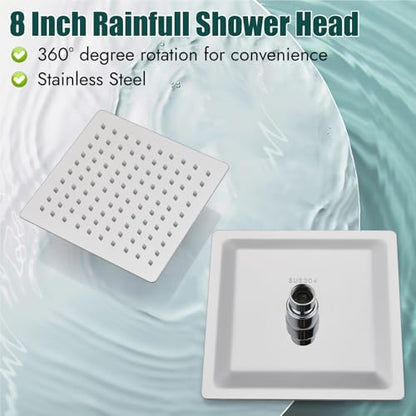 Heyalan 8 Inch Square Rain Shower Faucet Set with Valve, Polished Chrome | Female-thread 1/2-inch NPT connections, SUS304 shower head, brass rough-in valve, single-handle control Shower Set - color: Chrome, size: 8 Inch Square Shower Head