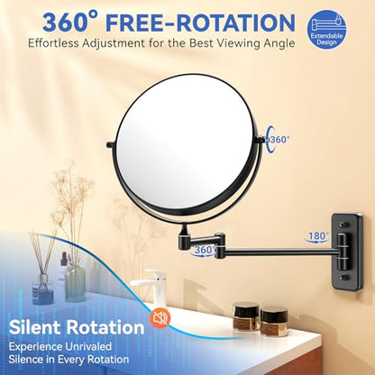 Auxmir 8" Double-Sided Wall-Mounted Makeup Mirror, 1X/30X Magnifying Mirror | stainless steel, 13-inch extendable swivel arm, 360°shaving rotation, bathroom makeup mirror, tweezers, Black - color: Black-1x/30x