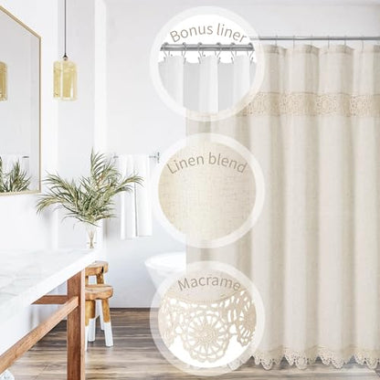 Long Boho Farmhouse Shower Curtain Set with Liner, Linen Bohemian French Country Bathroom Curtain 72x78 - Beige/Cream - color: Beige-liner Set, size: 72"W x 78"L (Pack of 1)