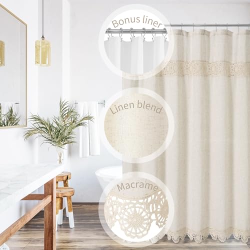 Extra Long Boho Farmhouse Shower Curtain Set with Liner, Linen Bohemian French Country Bath Curtain 72x84 - Beige/Cream - color: Beige-liner Set, size: 72"W x 84"L (Pack of 1)