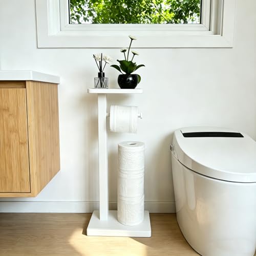Bamboo Freestanding Bathroom Toilet Paper Holder Stand with Phone Shelf and Storage, Holds 3 Extra Mega Rolls(White) - color: White