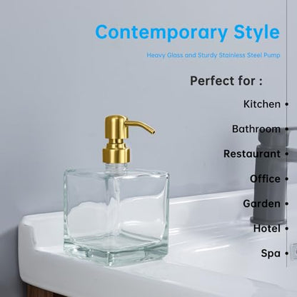 Square Soap Dispenser Brushed Gold Pump, 16.9 oz | Glass Bottle, Stainless Steel Pump, Cube, Large Capacity, Liquid Hand Soap Dispenser Bathroom Kitchen - color: Gold-16.9 Oz