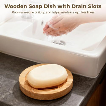 12 Pcs Round Bamboo Soap Dishes Self Draining Wooden Soap Holder Bar Soap Tray for Bathroom Kitchen Shower Sink