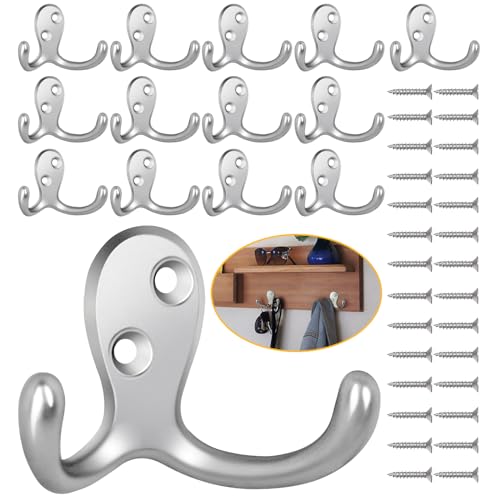 Homanu 14 Pack Coat Hooks, Heavy Duty Double Prong Coat Hooks Wall Mounted with 28 Screws, No Rust Silvery Metal Wall Hooks for Hanging Towel, Coat, Bag, Hat, Cup, Key - color: 14 Pcs Silvery