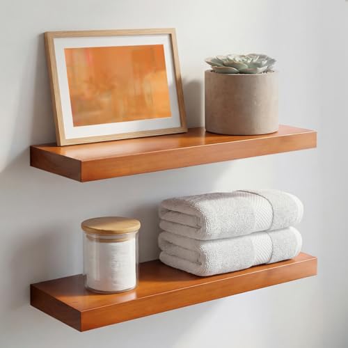 18 inch Floating Shelf Oak, High End Solid Real Wood 18inch Long Floating Shelves for Wall Mounted, Honey Oak Wooden 18in Floating Shelves, Heavy Duty Bracket, 18 X 6.5 X 1.75 inch, Set of 2 - color: Honey Oak - Warm Amber Tone, size: 18 inch