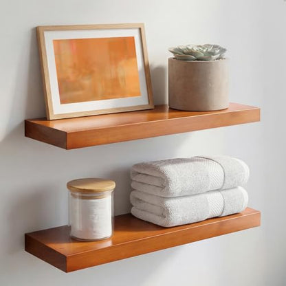18 inch Floating Shelf Oak, High End Solid Real Wood 18inch Long Floating Shelves for Wall Mounted, Honey Oak Wooden 18in Floating Shelves, Heavy Duty Bracket, 18 X 6.5 X 1.75 inch, Set of 2 - color: Honey Oak - Warm Amber Tone, size: 18 inch