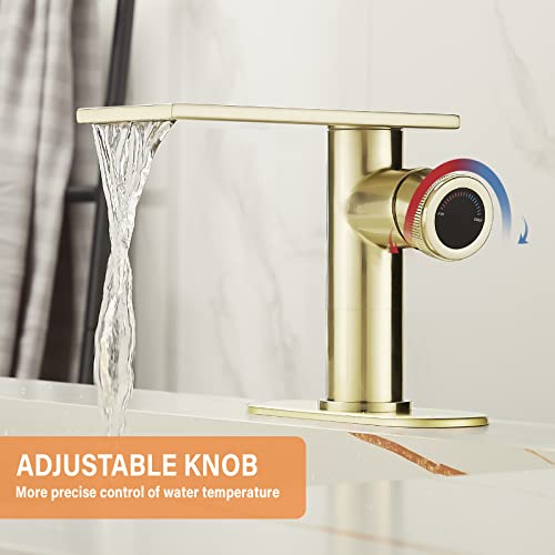 becola Modern Brushed Gold Bathroom Faucet，Waterfall Faucet for Bathroom Sink，Single Hole Cold and Hot Basin Mixer Tap，Single Handle Vanity Faucet with Adjust Knobs and Deck Plate - color: Brushed gold, size: low