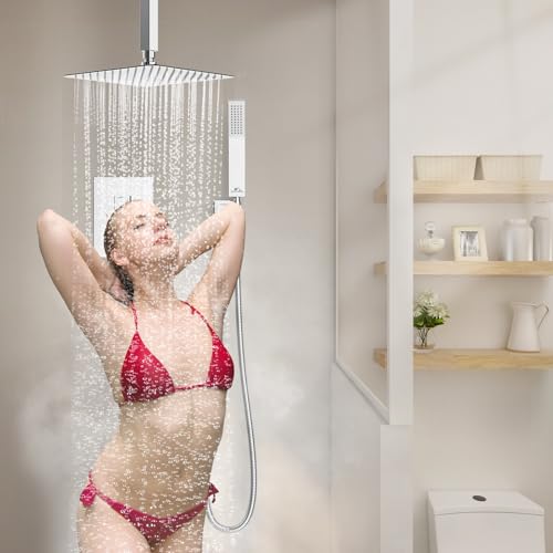 SunCleanse Rainfall Shower Faucet Set with High Pressure in Polished Chrome | Ceiling mounted shower combo set featuring a 10" square rain head, handheld spray, and rough-in mixer valve with trim. - color: Polished Chrome, style: 10-ceiling