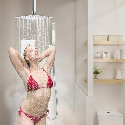 SunCleanse Rainfall Shower Faucet Set with High Pressure in Polished Chrome | Ceiling mounted shower combo set featuring a 10" square rain head, handheld spray, and rough-in mixer valve with trim. - color: Polished Chrome, style: 10-ceiling