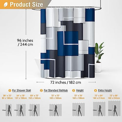 72x96 Tall Geometric Waterproof Fabric Shower Curtain Set, Navy Blue | Extra Long, Premium Polyester, Weighted Hem, 12 Plastic Hook, Vibrant Color, Wrinkle-resistant, Quick-Dry, Machine Washable - color: Navy Blue, size: 72"W x 96"L (Pack of 1)