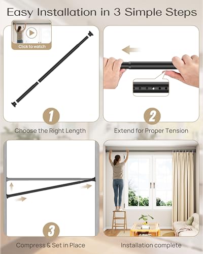 Heavy Duty Tension Curtain Rod by EZFurni, 63 to 160 Inches, Anti-Slip Spring Loaded Curtain Rods No Drilling, Apartment Renter Friendly Tension Rods for Windows, Bathroom, Patio, Room Divider, Black - color: Black, size: 63-160 Inches