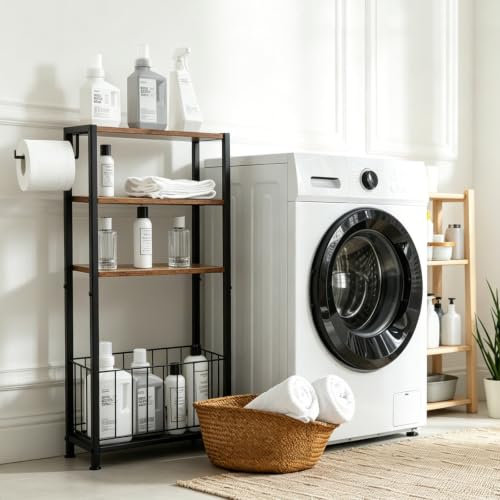 Freestanding Toilet Paper Holder with Storage Wood Shelf Adjustable Feet | Bathroom Toilet Paper Stand Holder with Extra Roll Storage Basket Narrow Side Tissue Holder For Bathroom Laundry Room