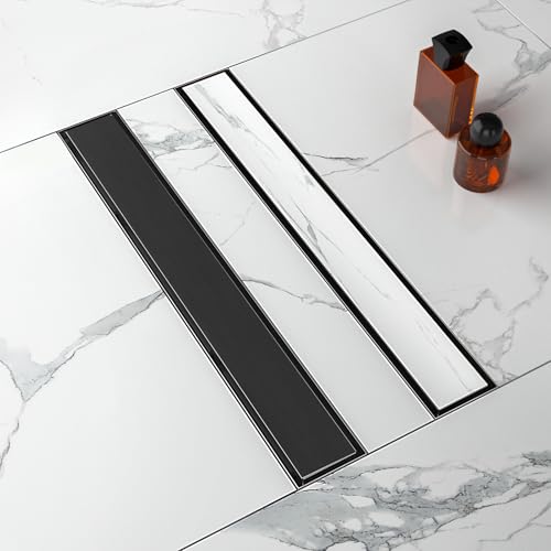 28 Inch Linear Shower Drain-Matte Black, with Tile Insert Grate | AISI 304 Stainless Steel Shower Drain, Rectangle Shower Floor Drain with Leveling Feet, Fits Bathroom & Balcony etc - color: Matte Black, size: 28 Inch