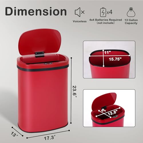 Kitchen Trash Can, 13 Gallon Automatic Can with Lid and Motion Sensor for Home Office Bedroom Bathroom Living Room, Garbage Touchless Stainless Steel RED - color: RED