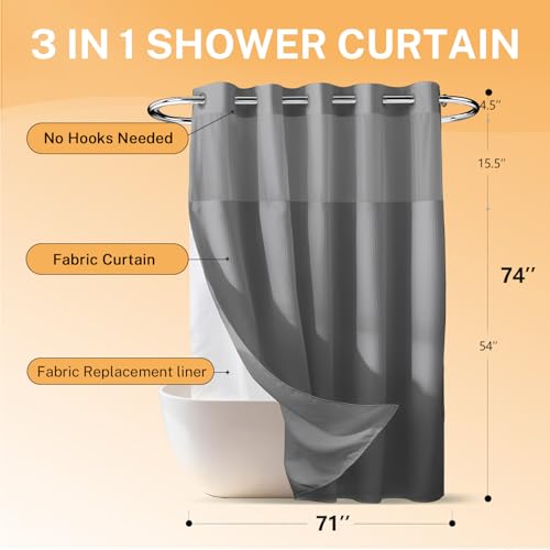 River Dream No Hooks Shower Curtain with 2 Snap in Liner, Gray, 71Wx74H | Waffle Weave, 1 Attached Snap in Liner and 1 Extra Replacement Liner, Bathroom Curtains Shower Set, Hotel Grade, Spa Like - color: Grey