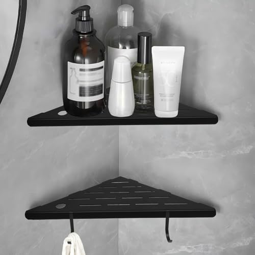Nikazhzljj10 Corner Shower Shelves,Shower Corner Shelves Organizer Shelf for Tiled Wall 2 Packaging,SUS304 Stainless Steel Slot Design Tile Shower Shelves with 2 Hooks Matte Black