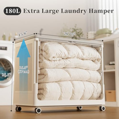 Extra Large Laundry Hamper with Lid Wheels 180L | Fits Large Families, Industries, Heavy-Duty Frame, 4 Smooth Wheels, Dust-Free Lid, Easy-Clean Plastic, Foldable Assembly - color: Milky, size: 180L
