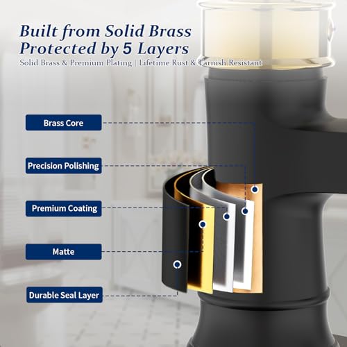 BWE Solid Bass Waterfall Bathroom Sink Faucet, Black & Gold for Farmhouse | Wide Waterfall Spout, Ceramic Cartridge, Fits 1 or 3-Hole Sink, Single Handle, Hardware Kit Included, Not for Vessel Sink - color: Black & Gold