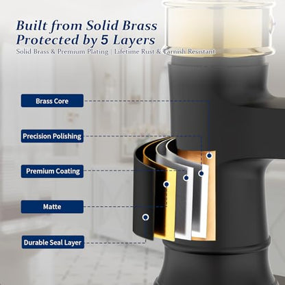 BWE Solid Bass Waterfall Bathroom Sink Faucet, Black & Gold for Farmhouse | Wide Waterfall Spout, Ceramic Cartridge, Fits 1 or 3-Hole Sink, Single Handle, Hardware Kit Included, Not for Vessel Sink - color: Black & Gold