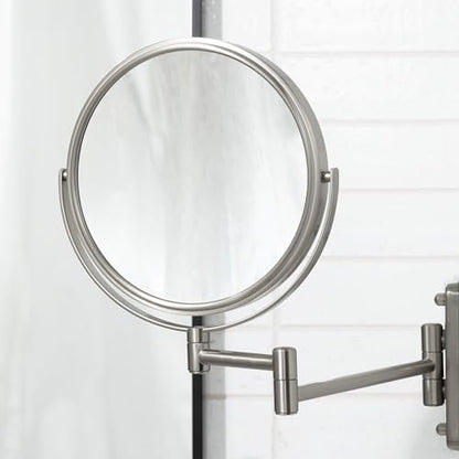JERDON Wall-Mounted Makeup Mirror - 5X Magnification - Nickel - JP7506N | 8" Round Frame, 13.5" Wall Extension Arm - color: Nickel, size: 5X Magnification
