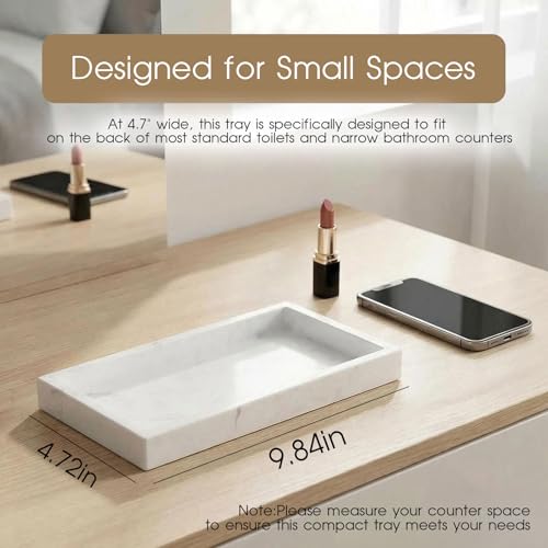 Natural Marble Tray Heavyweight Stone Vanity Tray for Bathroom Countertop, Coffee Table & Dresser - Handcrafted Rectangular Organizer (White, 9.84" x 4.72" x 1.18") - color: White