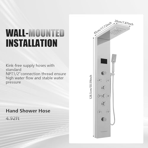 6-in-1 LED Shower Panel Tower System with 8 Adjustable Body Jets, Rainfall & Waterfall Shower, Smart Temperature Display, 59" Hose, Brushed Gold Stainless Steel, Wall Mounted (Silver) - color: Silver