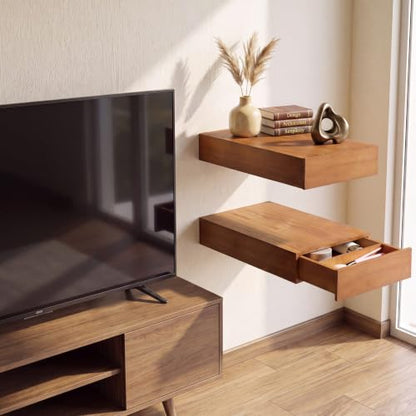 Pinkunn 2 Pack Floating Shelves with Drawers Natural Solid Wood 15.7x9.8 in | Wall Mounted Storage Shelf Hanging Rustic Plants Books Shelves for Living Room Entryway Hall Bedroom Bathroom