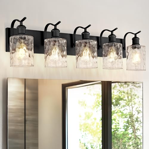 Bathroom Vanity Light Fixtures 5-Light Hammered Glass Modern Wall Mounted Over Mirror Black - VL01BKH-5 - color: Black & Hammered Glass, size: 5 LIGHT