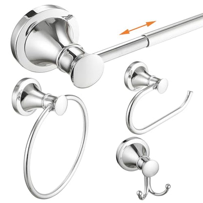 Hoimpro Chrome 4-Piece Bathroom Bath Set, Wall Mount Bathroom Hardware Fixture (Adjustable Towel Bar Rack, Towel Ring Holder, Paper Towel Holder, Double Towel Hook), Bathroom Accessories - color: Chrome