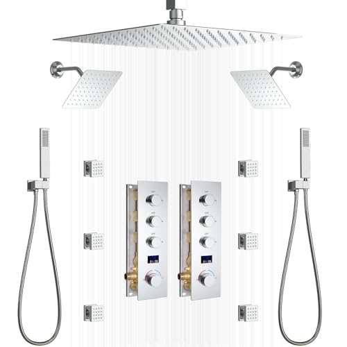 Dual Shower Mixer 6 Way Full Body Shower Head System Rain 12+8+8 Inch With Wall Mount 6 Pcs Jets 2 Handheld Shower Diverter Valve Digital Display Fauct Set，Chrome - color: Chrome