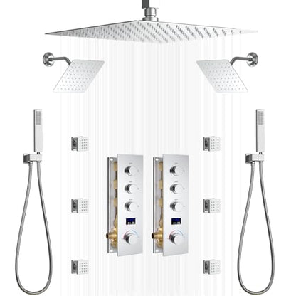 Dual Shower Mixer 6 Way Full Body Shower Head System Rain 12+8+8 Inch With Wall Mount 6 Pcs Jets 2 Handheld Shower Diverter Valve Digital Display Fauct Set，Chrome - color: Chrome