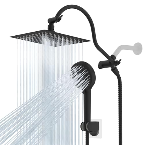 Hibbent All Metal CUPC Certified Shower Head, 8'' High Pressure Rainfall Shower Head, Handheld Showerhead Combo, 12'' Adjustable Extension Arm, 10 Sprays, 71'' Hose, Shower Holder, Matte Black - color: Matte Black, style: Square 8''