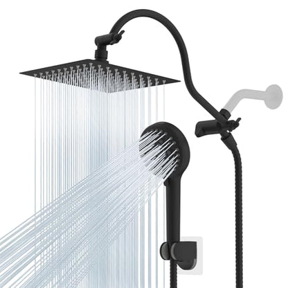 Hibbent All Metal CUPC Certified Shower Head, 8'' High Pressure Rainfall Shower Head, Handheld Showerhead Combo, 12'' Adjustable Extension Arm, 10 Sprays, 71'' Hose, Shower Holder, Matte Black - color: Matte Black, style: Square 8''