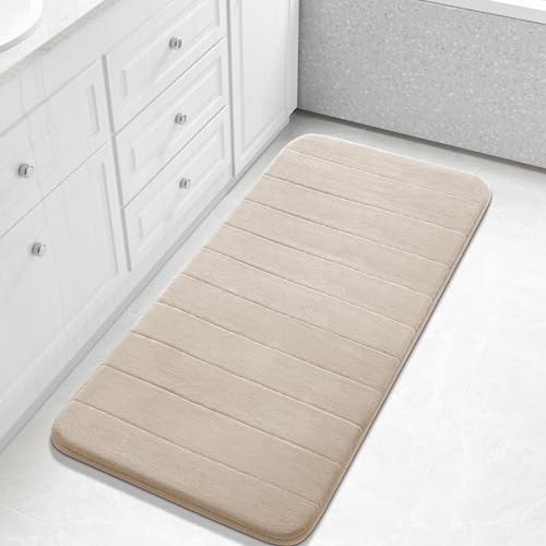 Yimobra Long Bath Mat 44"x24", Super Soft Quick Dry Memory Foam Bathroom Rug, Water Absorbent, Non Slip Backing Machine Washable for Tub Shower, Thick Comfort Support, Beige - color: Beige, size: 44" X 24"