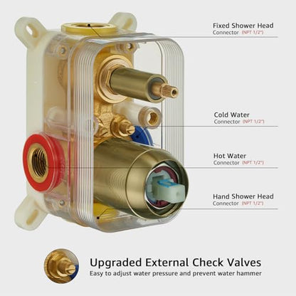 Iriber Brushed Gold Shower System Wall Mounted Shower Faucet Mixer Set with 10 Inches Rain Shower head and Handheld, Bathroom Shower Trim Kit Contain Pressure Balance Valve Cartridge - color: Brushed Gold 01