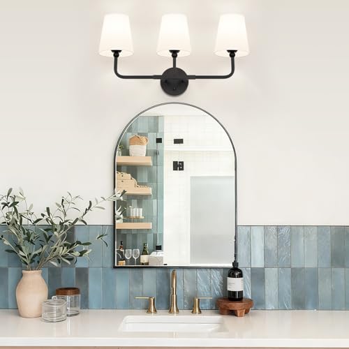 MOKATNG Bathroom Light Fixtures, 3-Light Matte Black Vanity Lights, Bathroom Lighting Fixtures Over Mirror with Flared White Fabric Shade, Modern Wall Sconces for Living Room Hallway - color: Matte Black & White Shade